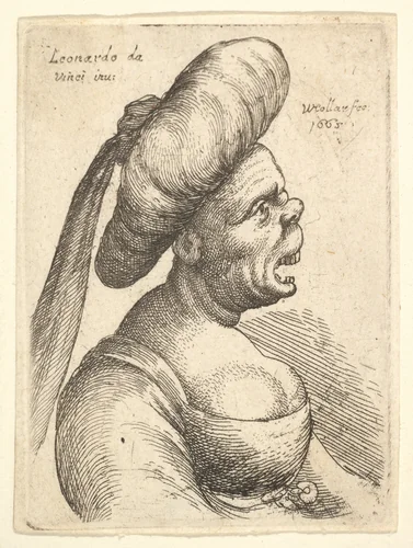 Bust of woman with wide open mouth and up-turned nose, wearing large flat turban with cloth hanging down behind in profile to right by Wenceslaus Hollar, print, 1665
