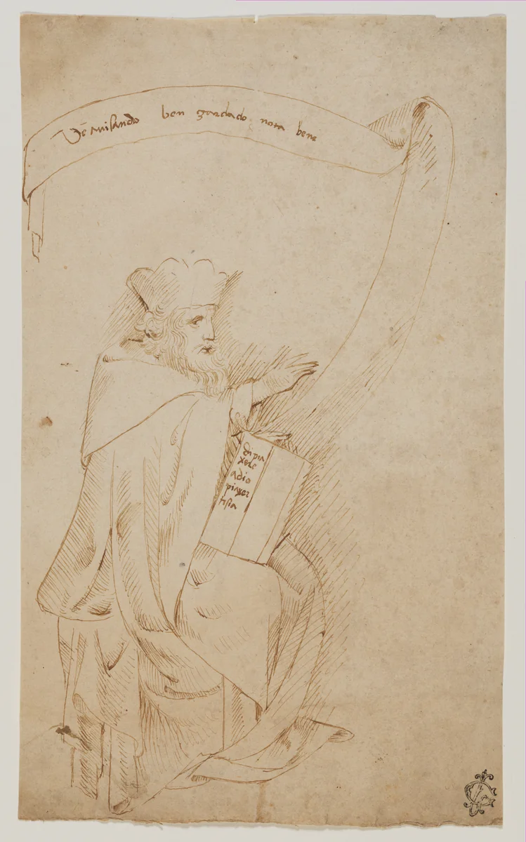 Seated Man with a Book and a Scroll by Stefano da Verona, drawing, 1400-1450
