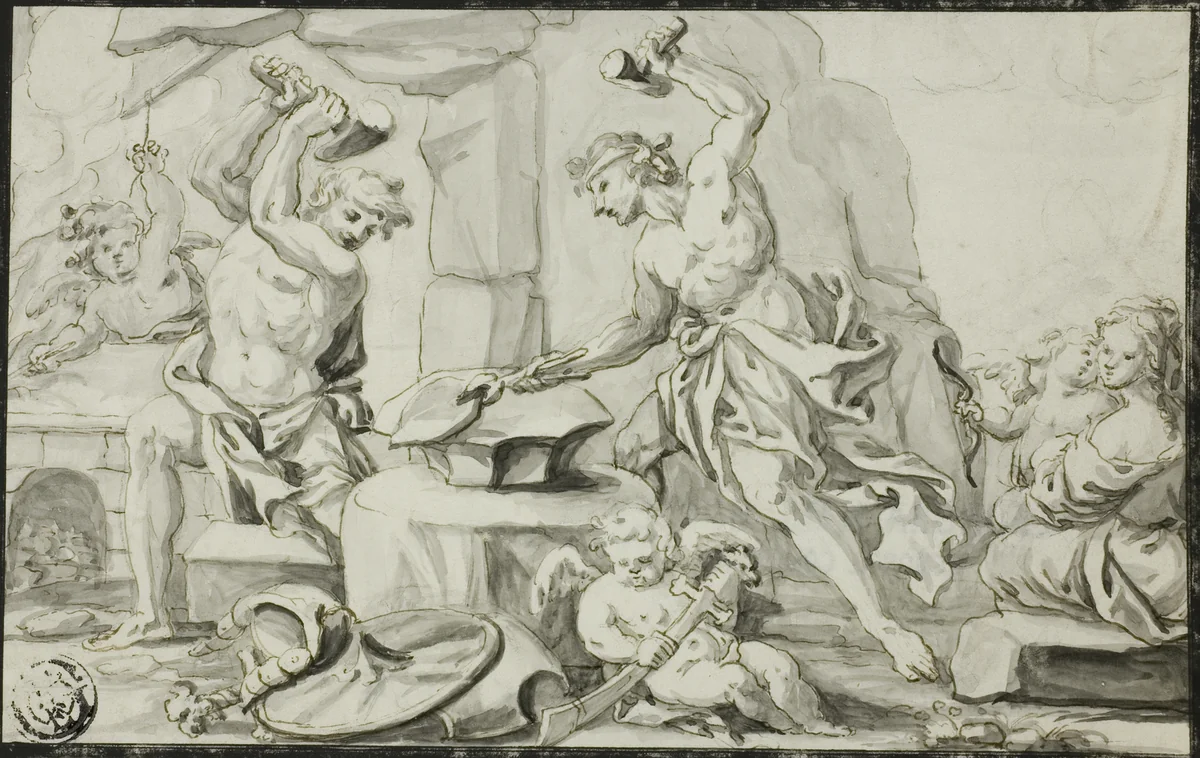 Vulcan Making Arms for Achilles, while Venus and Cupid Look On by Abraham Drentwett, drawing, 1667-1727