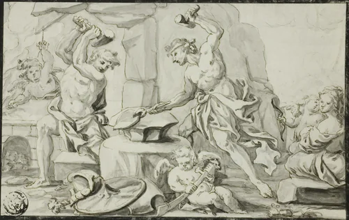 Vulcan Making Arms for Achilles, while Venus and Cupid Look On by Abraham Drentwett, drawing, 1667-1727