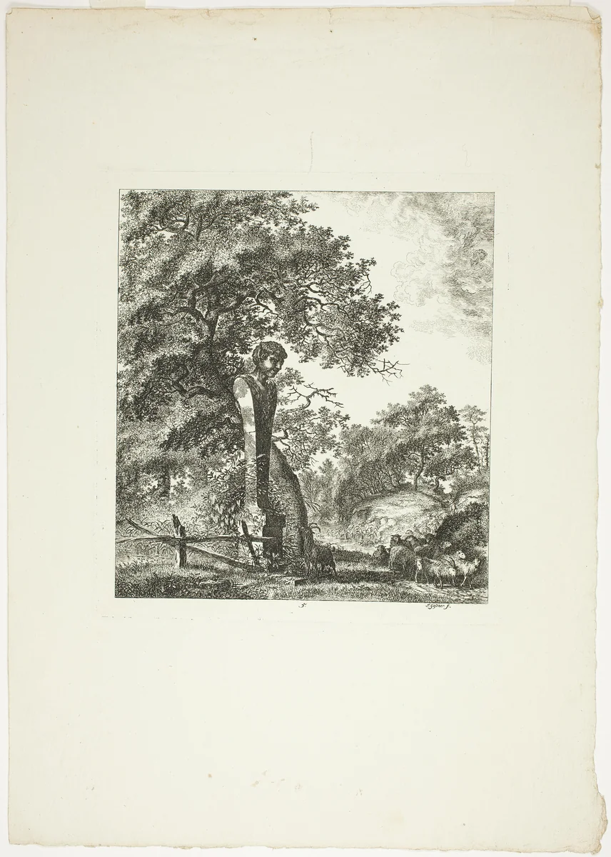 Sheep by a Statue of Pan, plate five from Paysages Dédiés à M. Warelet by Salomon Gessner, print, 1764