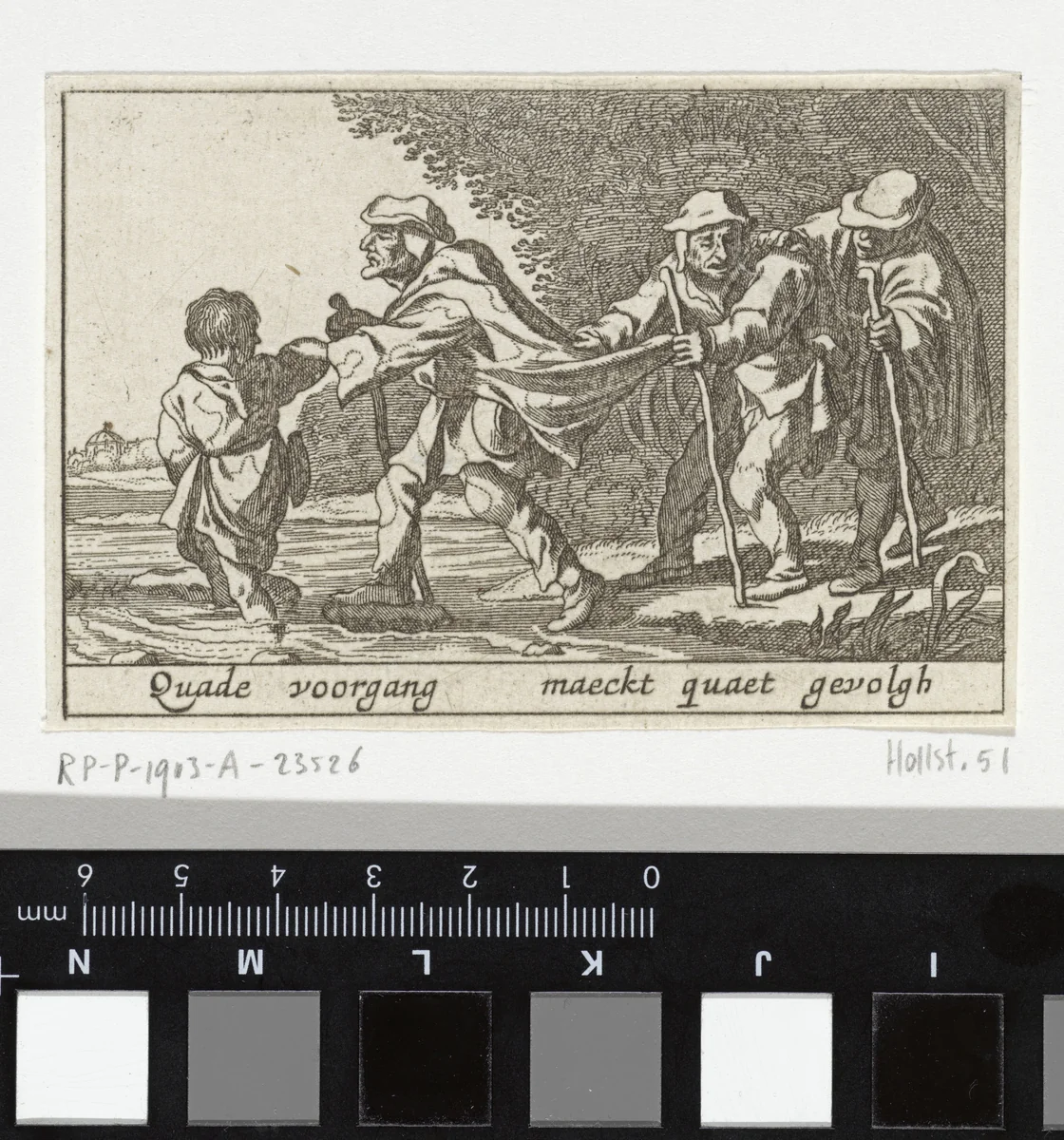 Jongen leidt blinden by Pieter Hendricksz. Schut, print, 1628-1650