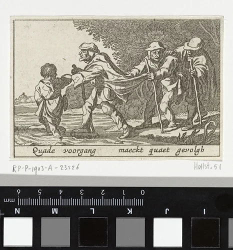 Jongen leidt blinden by Pieter Hendricksz. Schut, print, 1628-1650