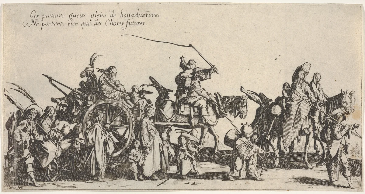 The marching gypsies: the rear guard (Les bohémiens en marche: l'arrière-garde), also called The Departure (Le départ), from "The Gypsies" (Les Bohémiens) by Jacques Callot, print, 1592-1635