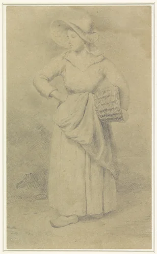Staande dienstmaagd met een mand onder de arm by Gustave Wappers, drawing, 1813-1874
