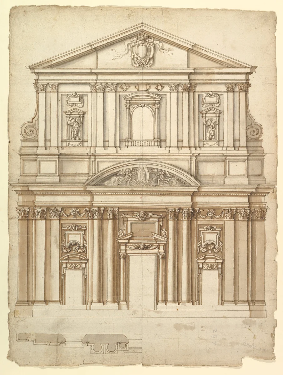 Santa Maria in Vallicella, elevation; plan (recto) blank (verso) by anonymous, drawing, 1575-1600