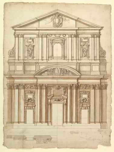 Santa Maria in Vallicella, elevation; plan (recto) blank (verso) by anonymous, drawing, 1575-1600