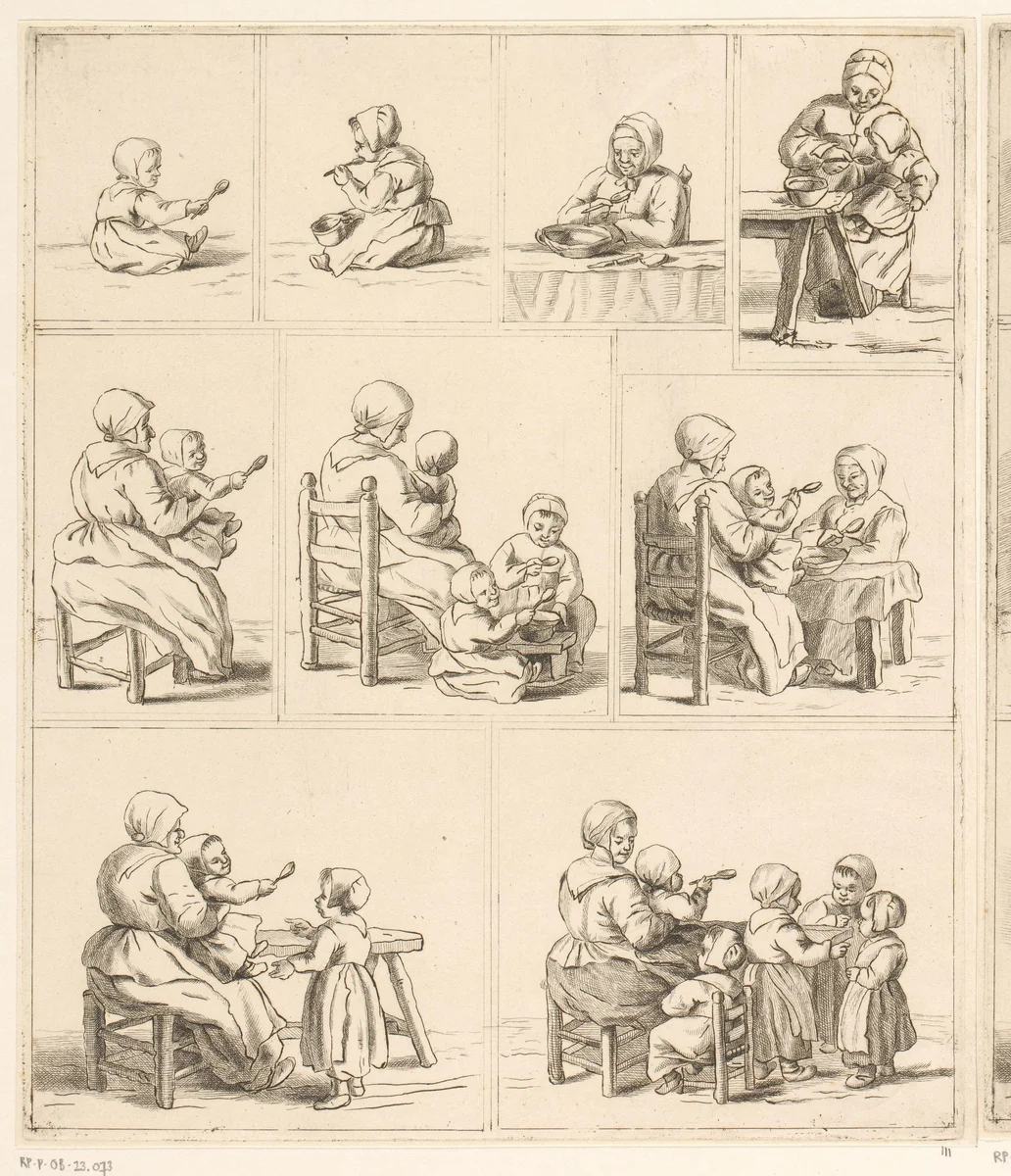 Negen voorstellingen van eten met een lepel by Pieter de Mare, print, 1768-1796