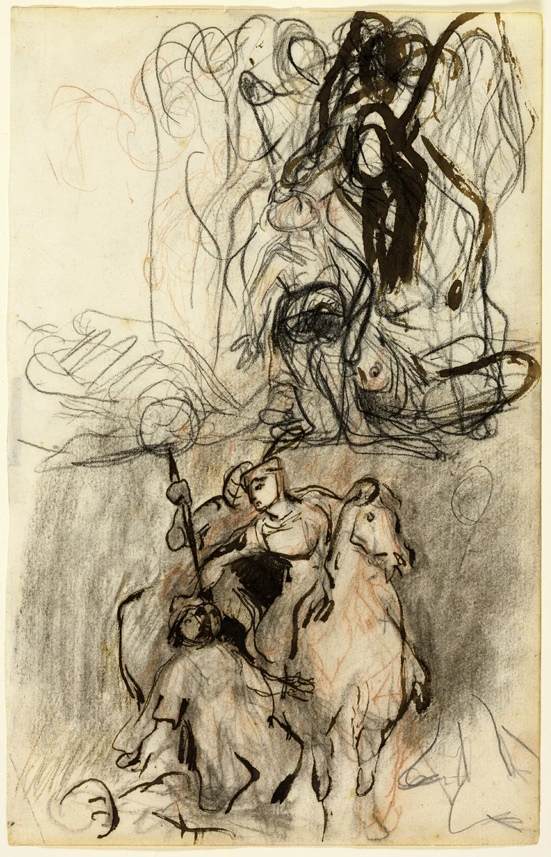 Two Sketches; Armed Riders and Figure on the Ground by Eugène Delacroix, drawing, 1818-1882