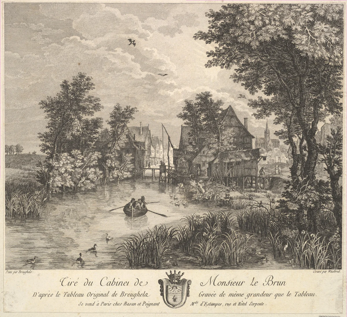 River landscape after a painting in the cabinet of Mr. Le Brun by Carl Wilhelm Weisbrod, print, 1713-1806
