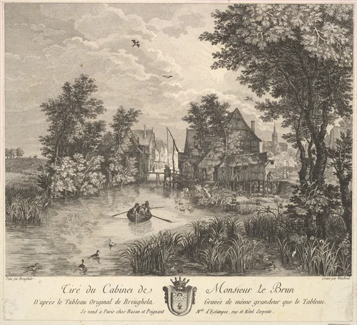 River landscape after a painting in the cabinet of Mr. Le Brun by Carl Wilhelm Weisbrod, print, 1713-1806