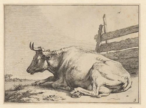 Liggende koe bij een hek by Paulus Potter, print, 1650