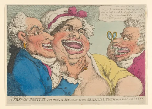 A French Dentist Shewing a Specimen of His Artificial Teeth and False Palates by Thomas Rowlandson, print, 1811