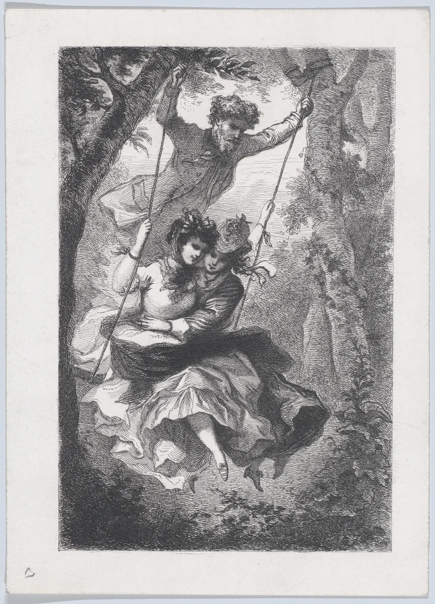 A Man Pushing Two Women on a Swing by J. Cariven, print, 1864-1880