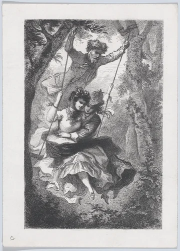 A Man Pushing Two Women on a Swing by J. Cariven, print, 1864-1880