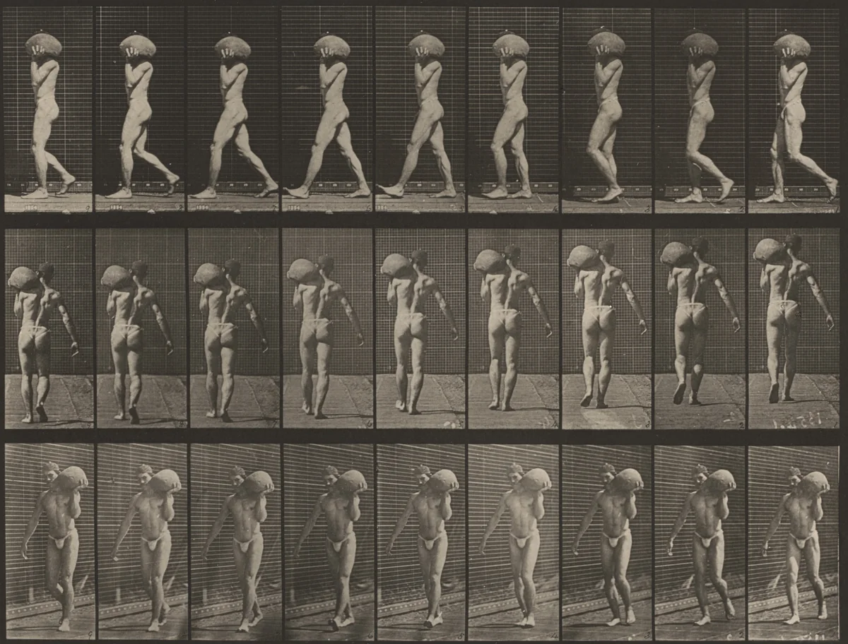 Plate Number 26. Walking, carrying a 75-lb. stone on left shoulder by Eadweard Muybridge, photograph, 1887