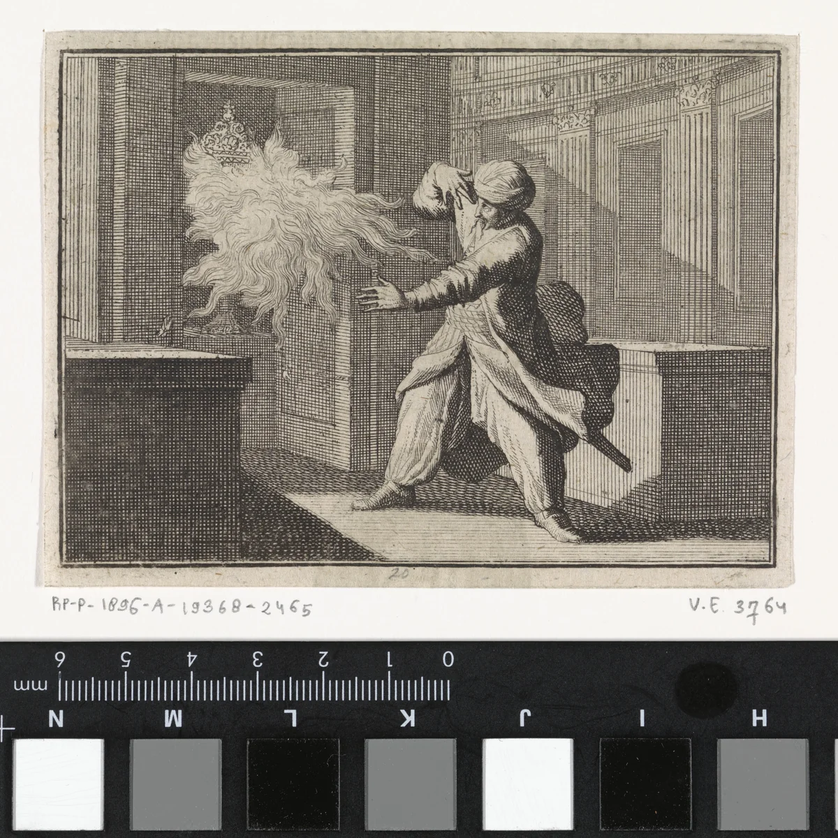 Oosterse man kijkt uit nieuwsgierigheid in een kast naar een hostiekelk waar als straf een vlam uit slaat by Caspar Luyken, print, 1710