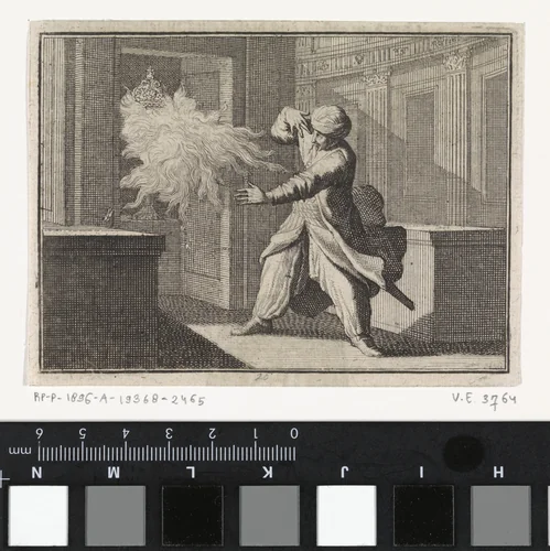Oosterse man kijkt uit nieuwsgierigheid in een kast naar een hostiekelk waar als straf een vlam uit slaat by Caspar Luyken, print, 1710