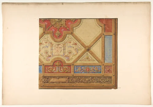 Partial design for the decoration of a ceiling in geometric panels painted with putti, masks., and griffins by Jules-Edmond-Charles Lachaise, drawing, 1830-1897