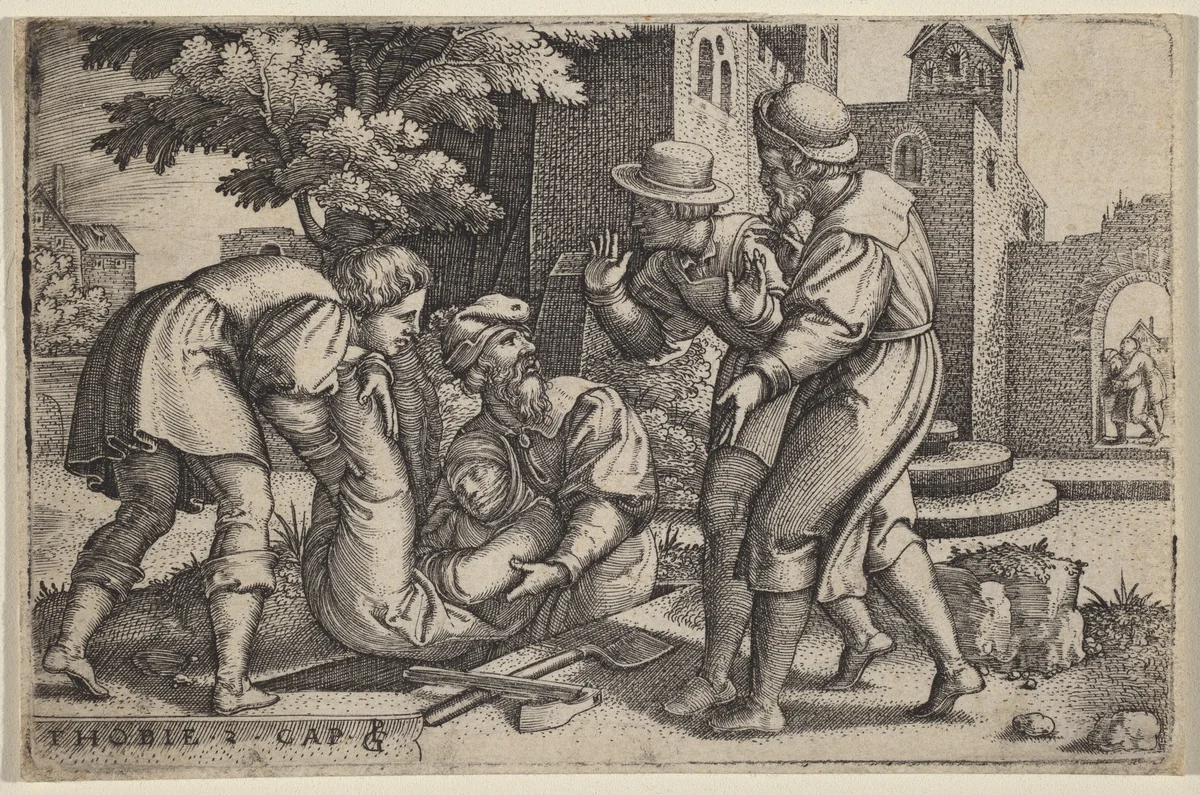 Tobias Burying One of the Children of Israel by Georg Pencz, print, 1543