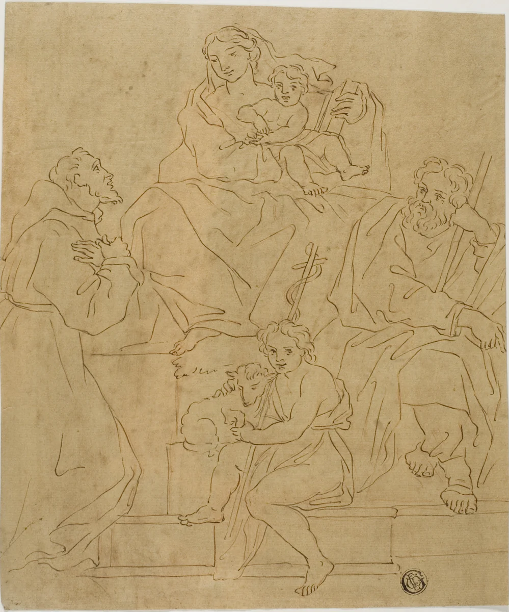 Holy Family with Saint Francis of Assisi and the Infant John the Baptist by Jacopo Cavedone, drawing, 1612-1799