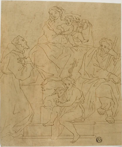 Holy Family with Saint Francis of Assisi and the Infant John the Baptist by Jacopo Cavedone, drawing, 1612-1799