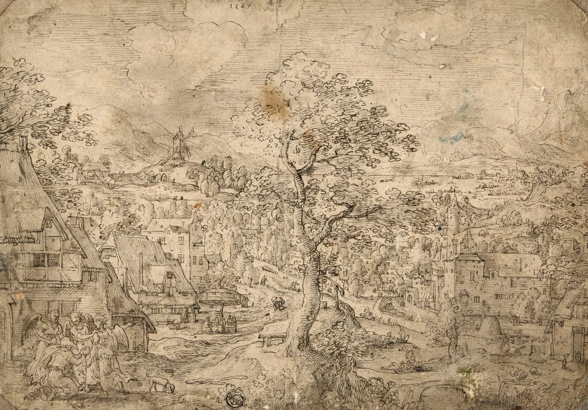 Landscape with Abraham and Angels by Hans Bol, drawing, 1567