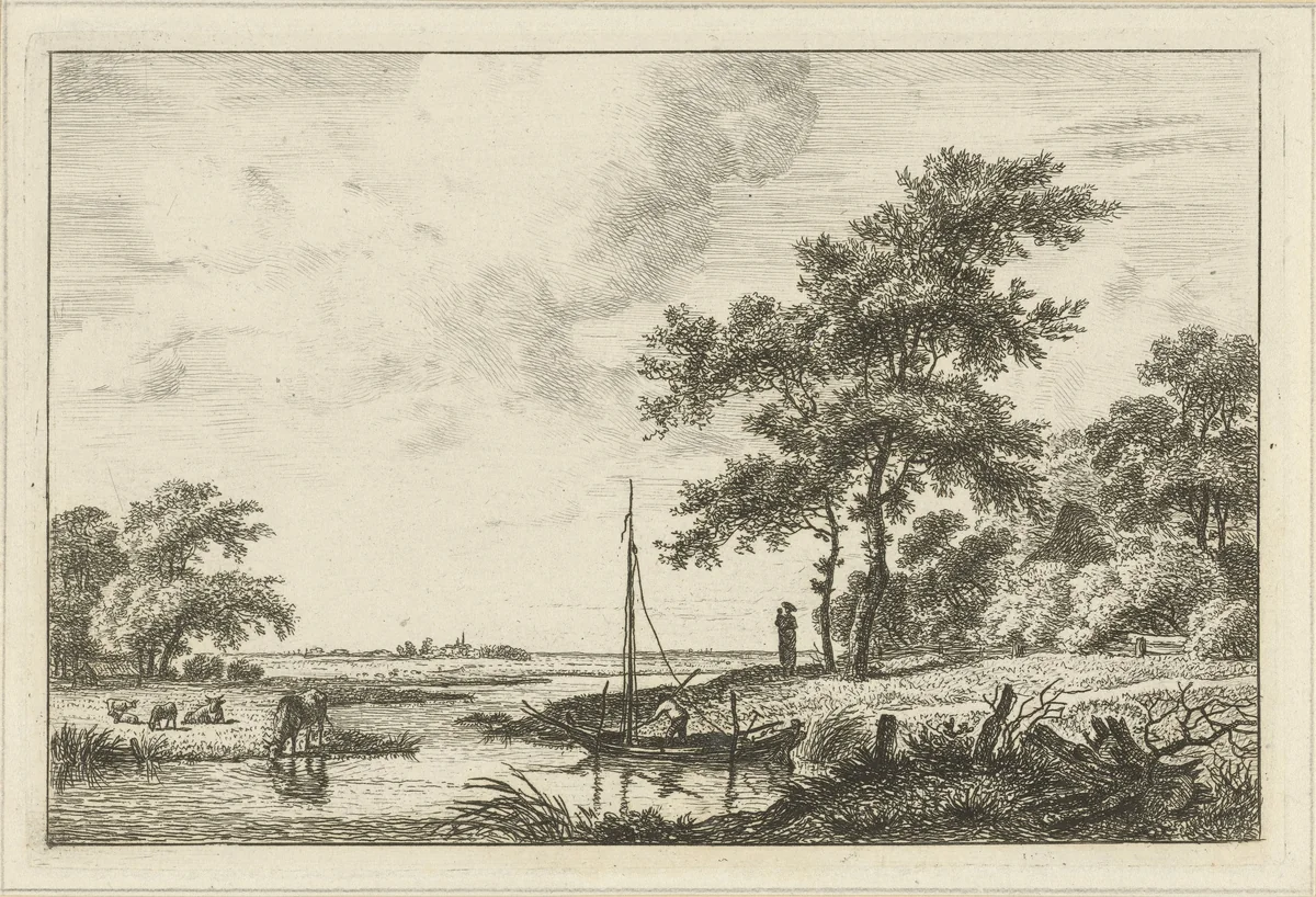 Landschap met schuitje by Hermanus Fock, print, 1781-1822