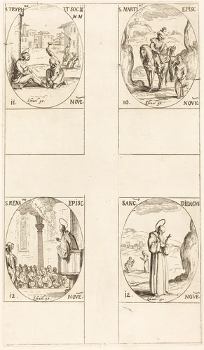 St. Martin; St. Tryphon and Companions; St. Renatus; St. Didacus by Jacques Callot, print, 1627-1637
