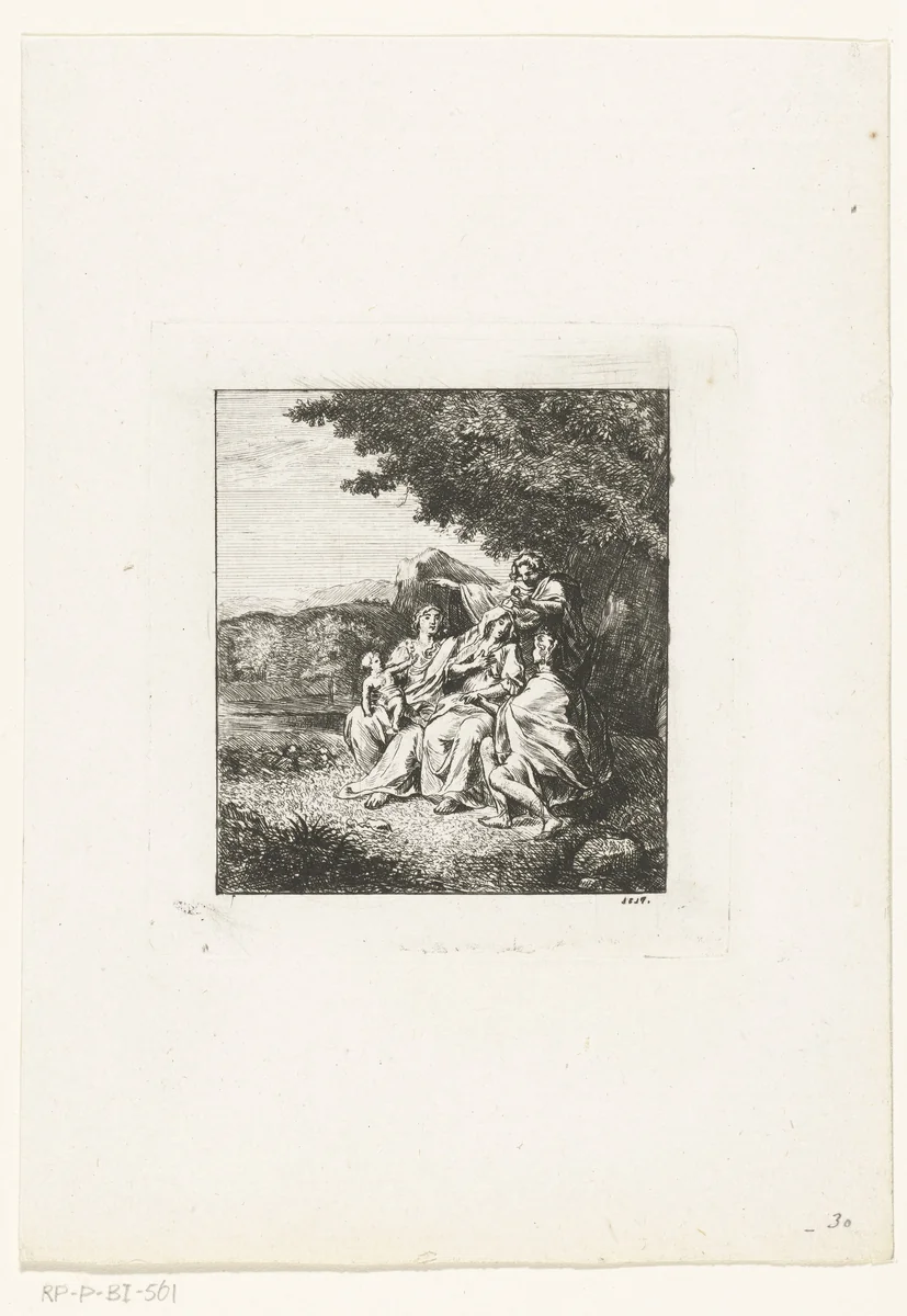 Landschap met twee vrouwen met kind en twee mannen by Pieter Bartholomeusz. Barbiers, print, 1817