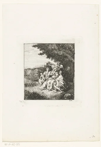 Landschap met twee vrouwen met kind en twee mannen by Pieter Bartholomeusz. Barbiers, print, 1817