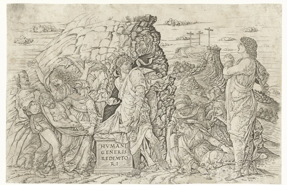 Graflegging van Christus by Andrea Mantegna, print, 1460-1470