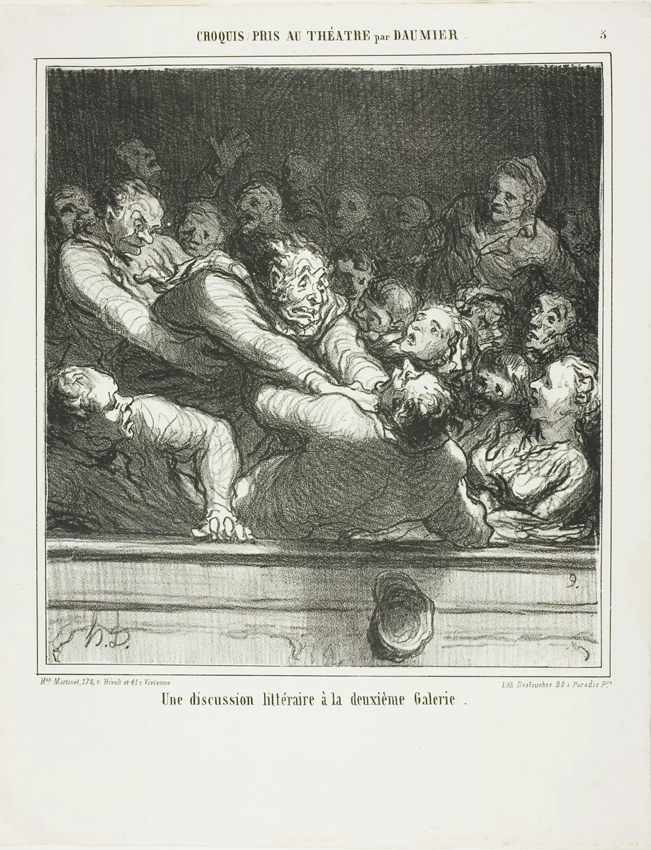 A literary argument on the second tier, plate 3 from Croquis Pris Au Théatre par Daumier by Honoré-Victorin Daumier, print, 1864