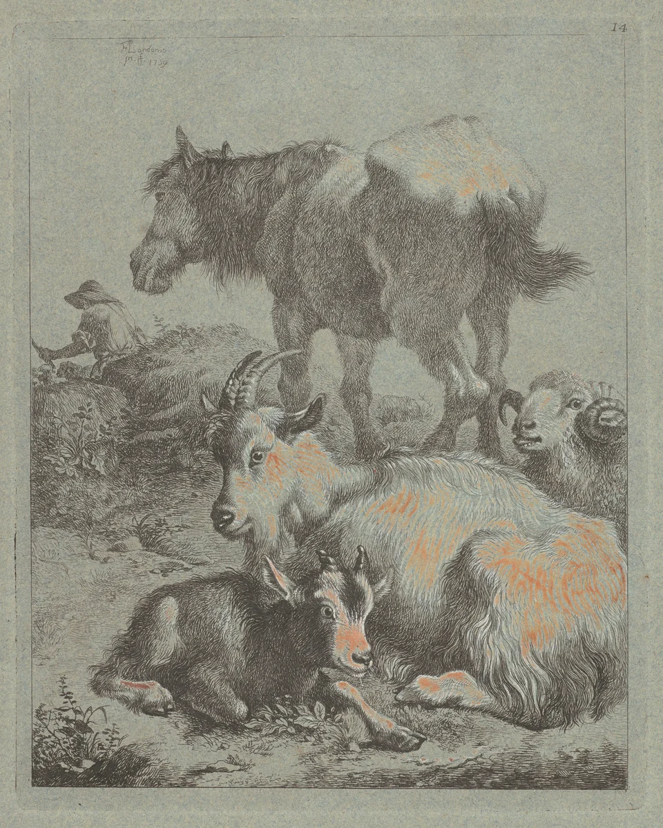 Horse, Ram, Goat with Kid; In the Distance a Shepherd with Flock by Francesco Londonio, print, 1759