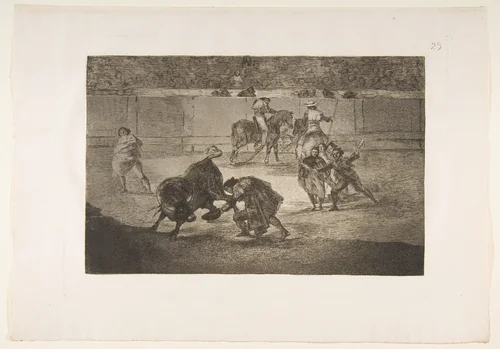 Plate 29 of "La Tauromaquia": Pepe Illo making the pass of the 'recorte' by Goya, print, 1816