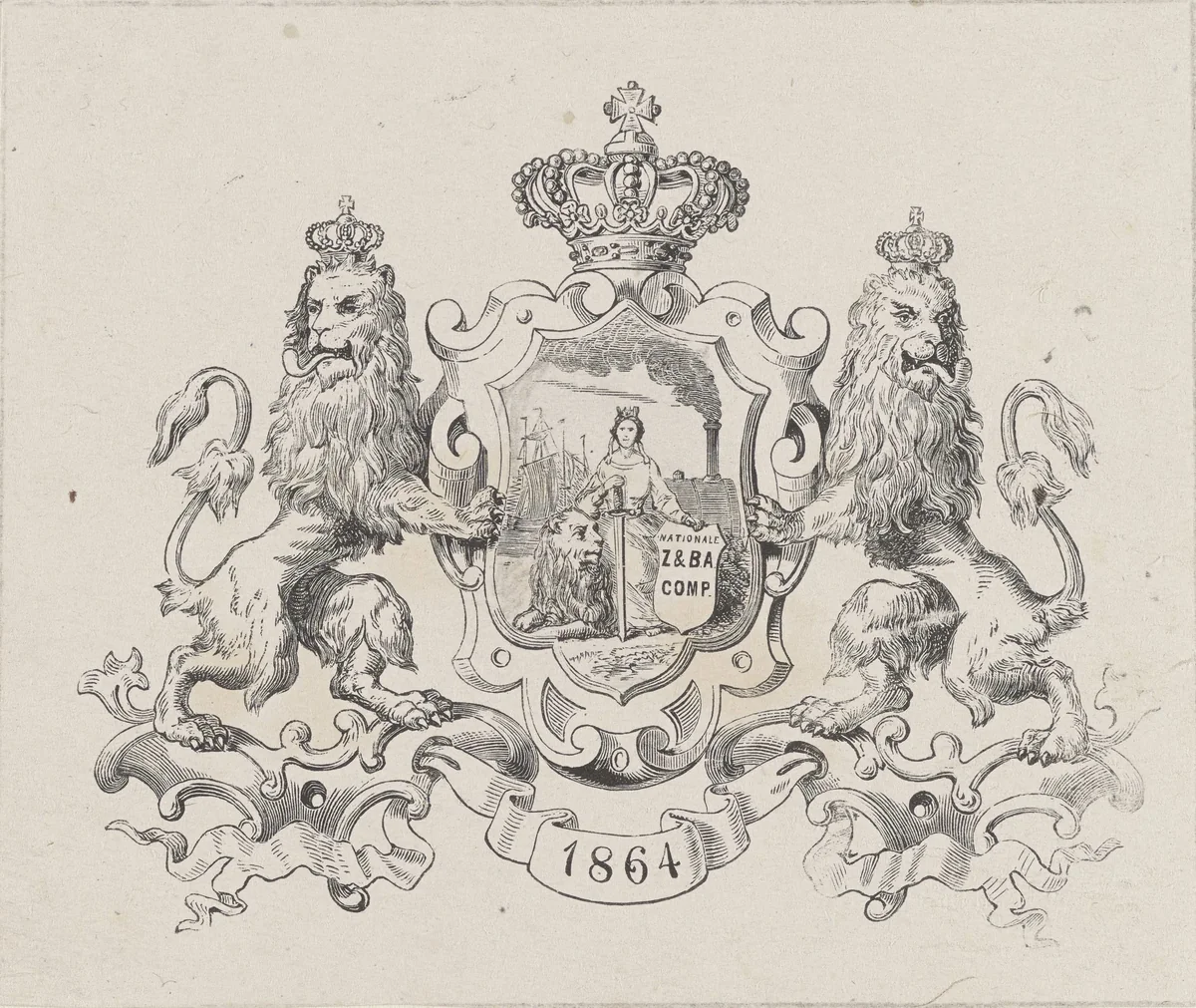 Nederlandse Maagd en de Nederlandse Leeuw in een geornamenteerde omlijsting met een kroon, twee leeuwen en het jaartal '1864' by Isaac Weissenbruch, print, 1864-1912