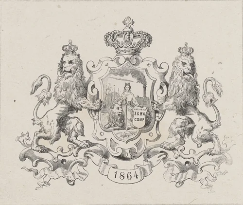 Nederlandse Maagd en de Nederlandse Leeuw in een geornamenteerde omlijsting met een kroon, twee leeuwen en het jaartal '1864' by Isaac Weissenbruch, print, 1864-1912