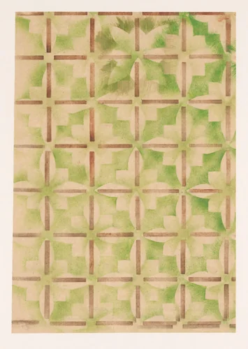 Gesjabloneerd papier met ruitpatroon van groene bladeren binnen open latwerk in bruin by anonymous, other, 1900-1969