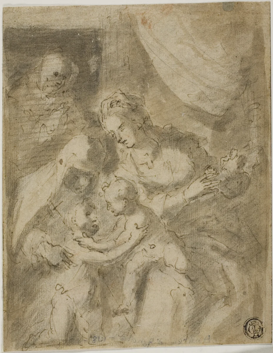 Holy Family with the Infant Saint John and Saint Anne by Raffaellino da Reggio, drawing, 1500-1599