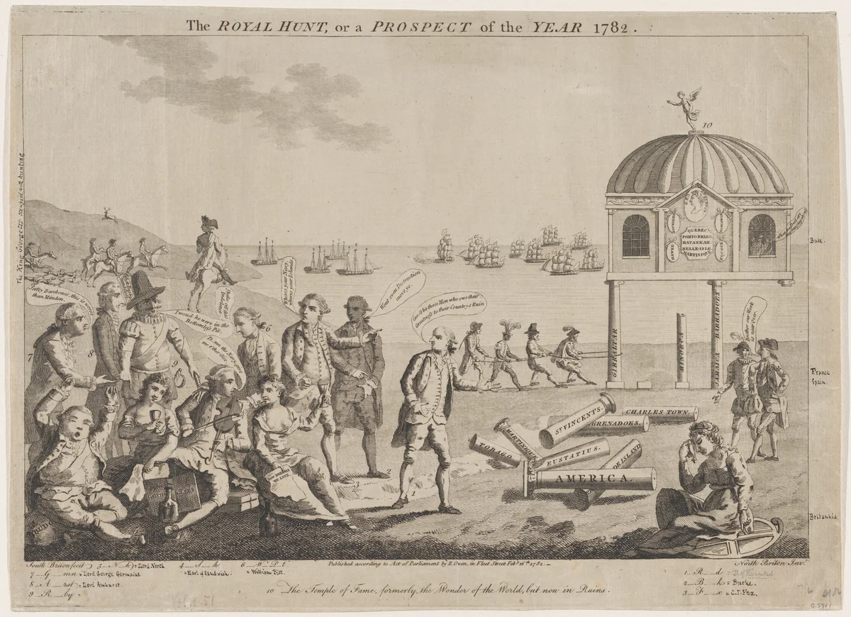 The Royal Hunt, or a Prospect of the Year 1782: The Temple of Fame, formerly the Wonder of the World, but now in Ruins by George Townshend, print, 1782