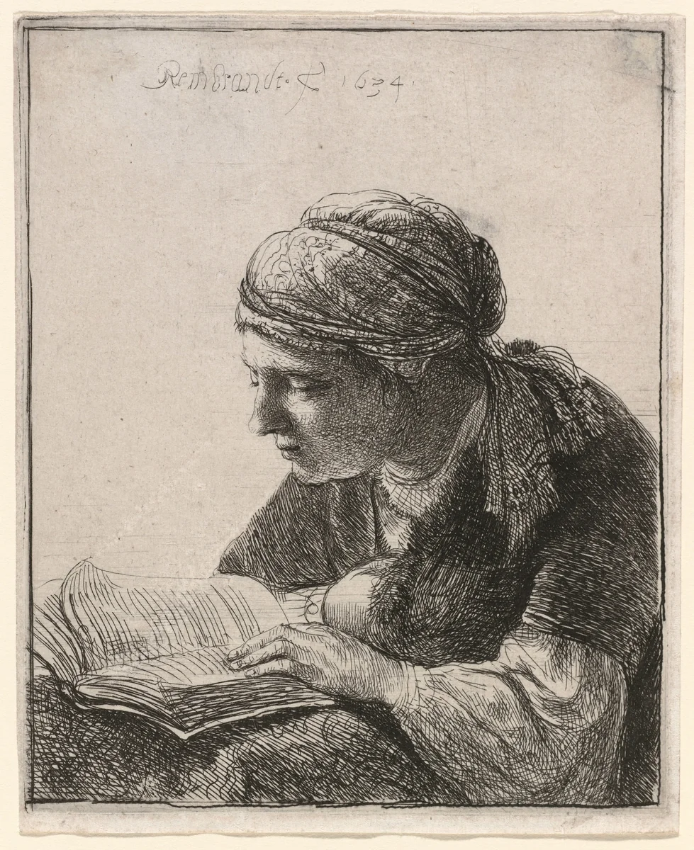 Woman Reading by Rembrandt van Rijn, print, 1634