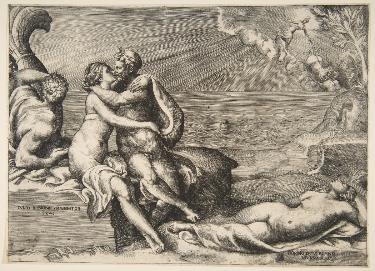 Jupiter's love for Juno rekindled when she puts on Venus's Girdle by Giulio Bonasone, print, 1546