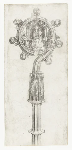 Bisschopsstaf met tronende Maria met Christuskind by Unknown, print, 1475-1480