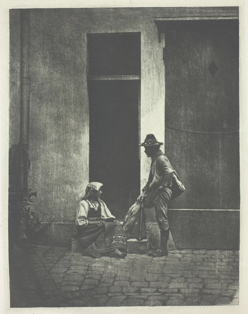 Pifferaro debout et paysanne Italienne assise, dans la cour du 21 Quai Bourbon by Charles Nègre, print, 1850-1860