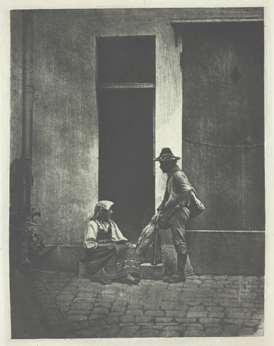 Pifferaro debout et paysanne Italienne assise, dans la cour du 21 Quai Bourbon by Charles Nègre, print, 1850-1860
