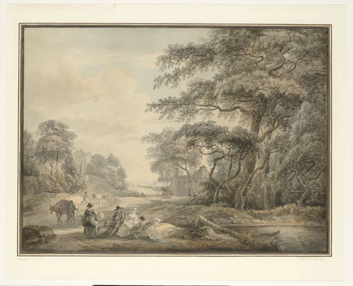 Rustende reizigers in een boomrijk landschap by Paul Sandby, drawing, 1735-1809