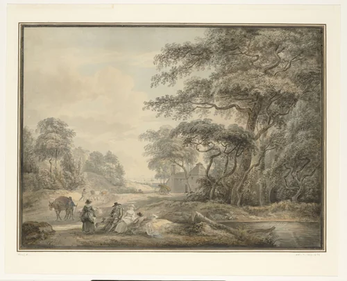 Rustende reizigers in een boomrijk landschap by Paul Sandby, drawing, 1735-1809