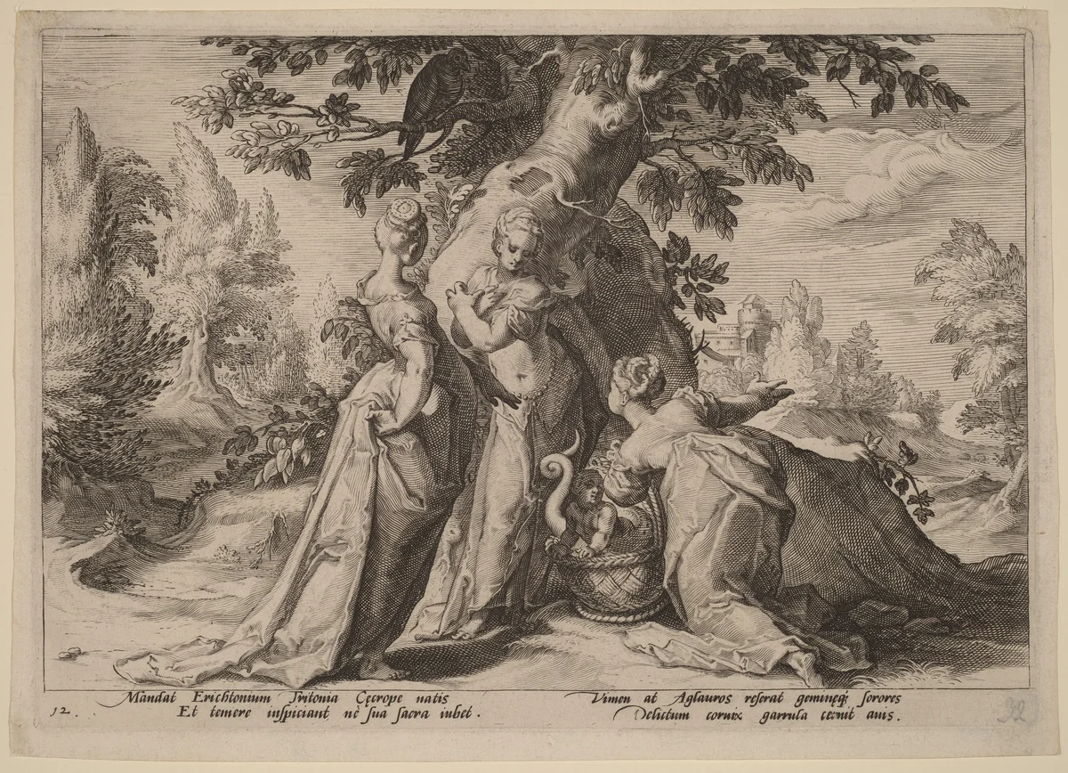 The Daughters of Cecrops Open the Casket Entrusted to Them by Minerva by Hendrick Goltzius, print, 1590