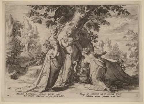 The Daughters of Cecrops Open the Casket Entrusted to Them by Minerva by Hendrick Goltzius, print, 1590