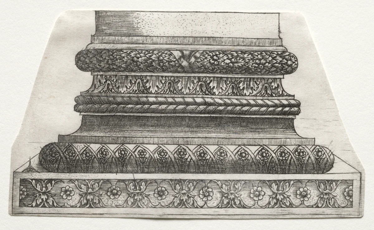 Base and Capital with Figure of Fame and Winged Horses (base) by Master G. A., print, 1525-1550